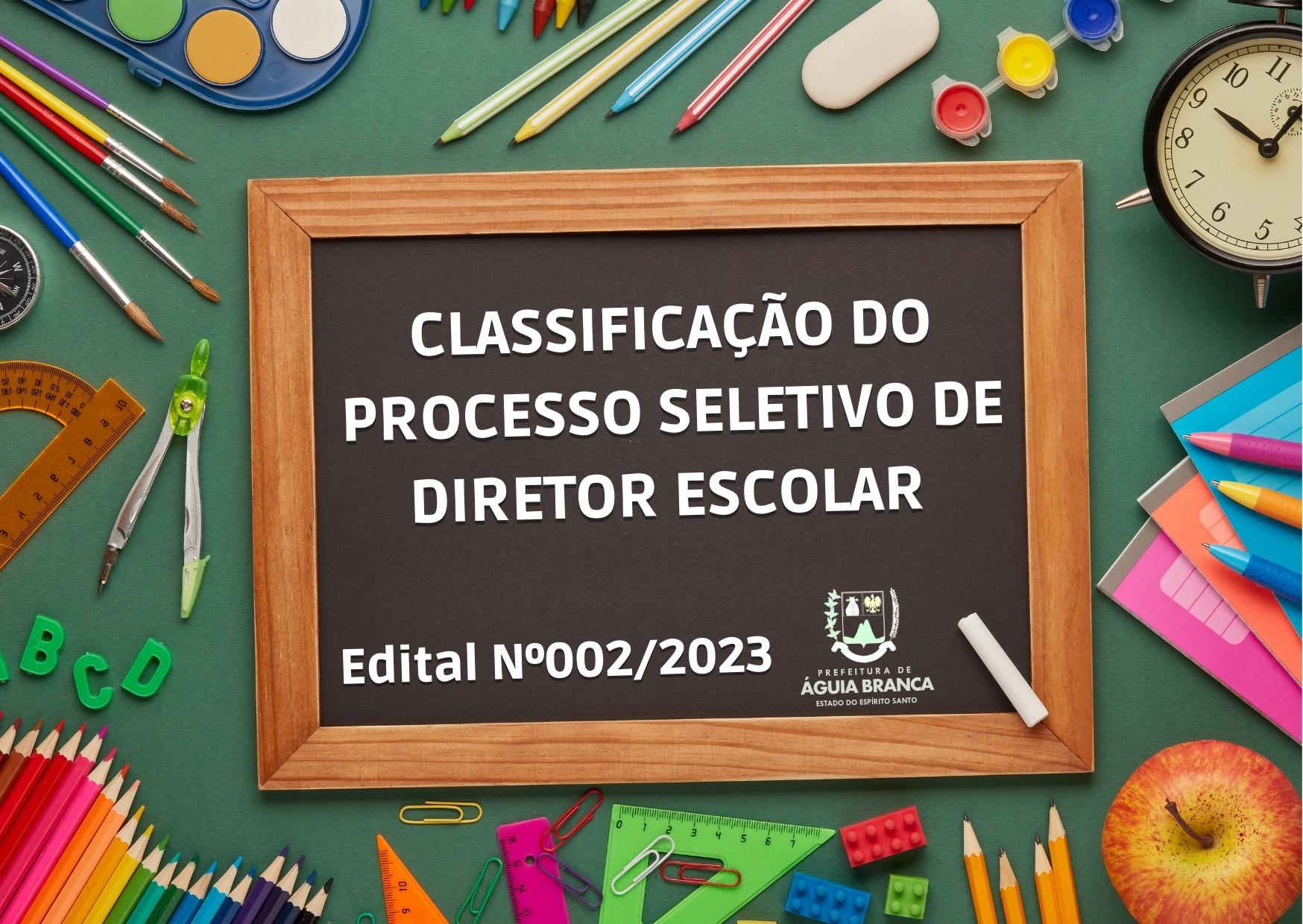 CLASSIFICAÇÃO DO PROCESSO SELETIVO DE DIRETOR ESCOLAR   EDITAL Nº002/2023 DE 25 DE MAIO DE 2023